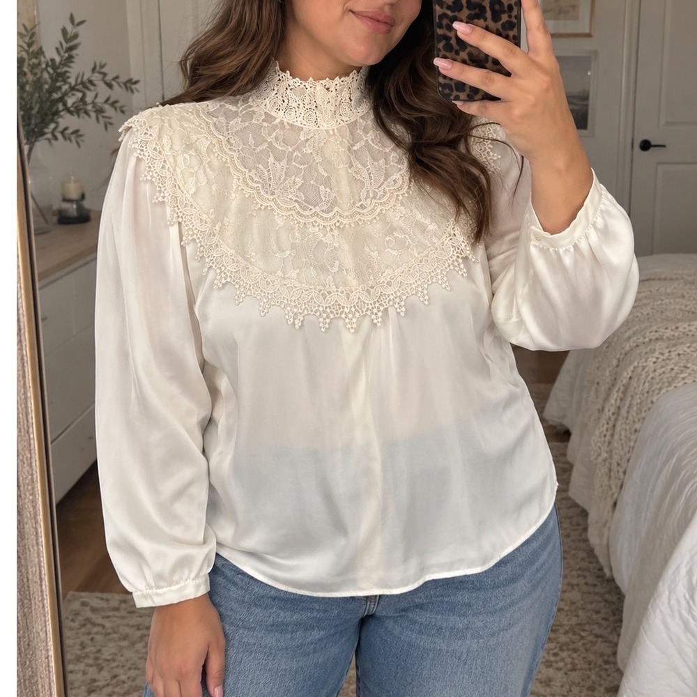Vintage Victorian Lace Satin Blouse Cream Mock Neck 16 prairie cottage